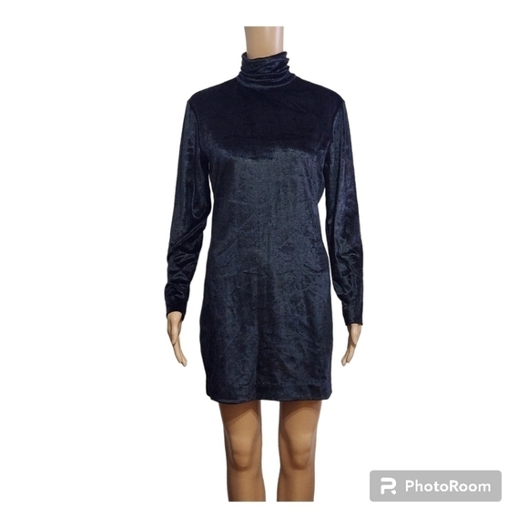 Vintage Ingrid Black Velvet  Bodycon Mock Neck Mini Dress - Picture 1 of 11